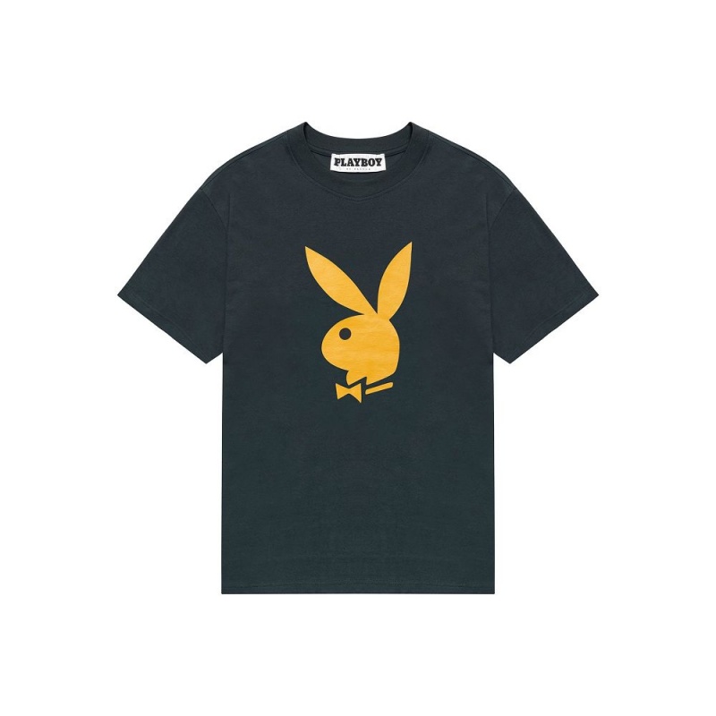 Black Men\'s Playboy Rabbit Head Sleeve T-shirts | PLBY-593227