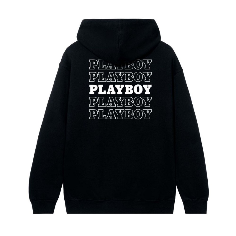 Black Men\'s Playboy Repeating Masthead Hoodies | PLBY-593050