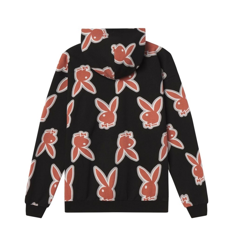 Black Men's Playboy Repeating Rabbit Head Logo Hoodies | PLBY-593067