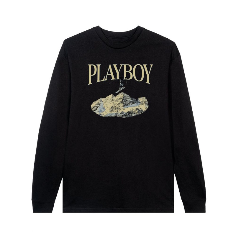 Black Men\'s Playboy Ski Long Sleeve feat. Holly Cook from Girls of Winter 1984 T-shirts | PLBY-593176