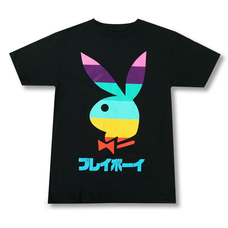 Black Men\'s Playboy Tokyo Lights T-shirts | PLBY-593123