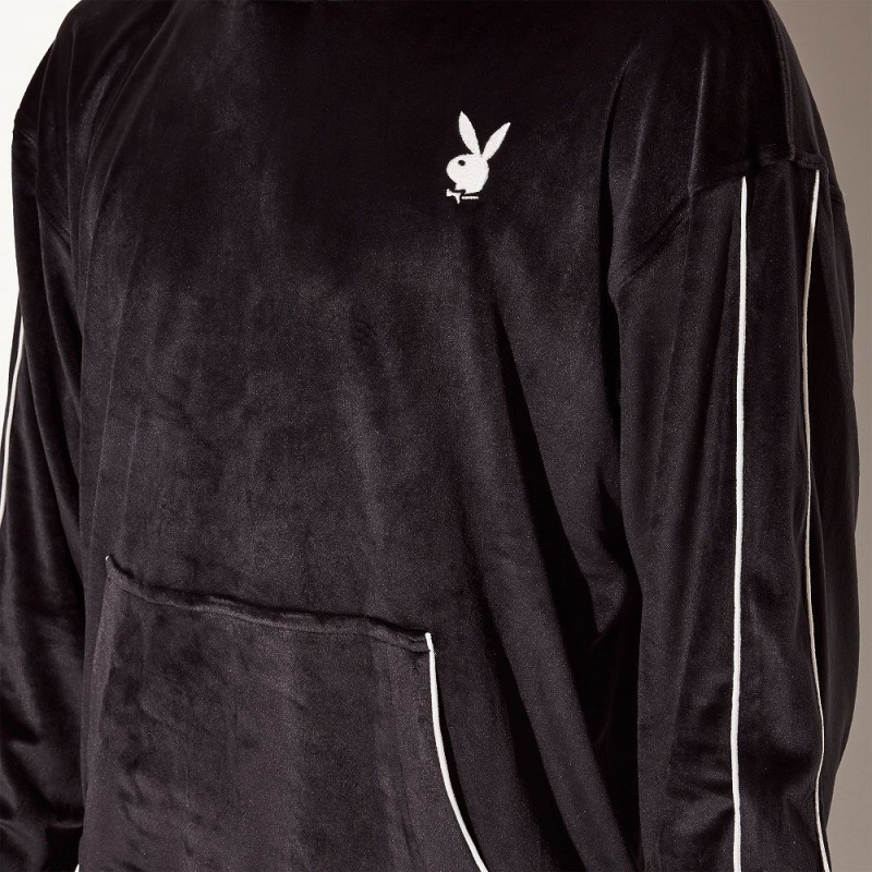 Black Men's Playboy Velour Hoodies | PLBY-593059