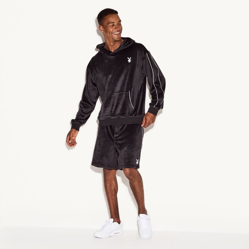 Black Men's Playboy Velour Hoodies | PLBY-593059
