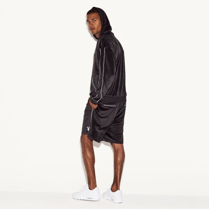 Black Men's Playboy Velour Hoodies | PLBY-593059