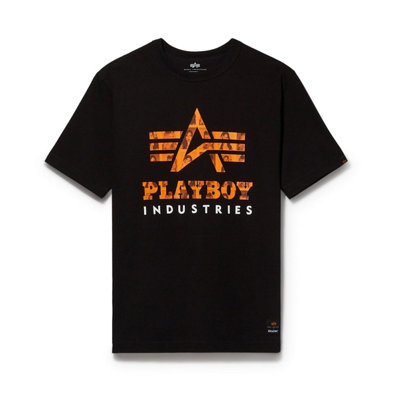 Black Men\'s Playboy x Alpha Industries Classic T-shirts | PLBY-593216