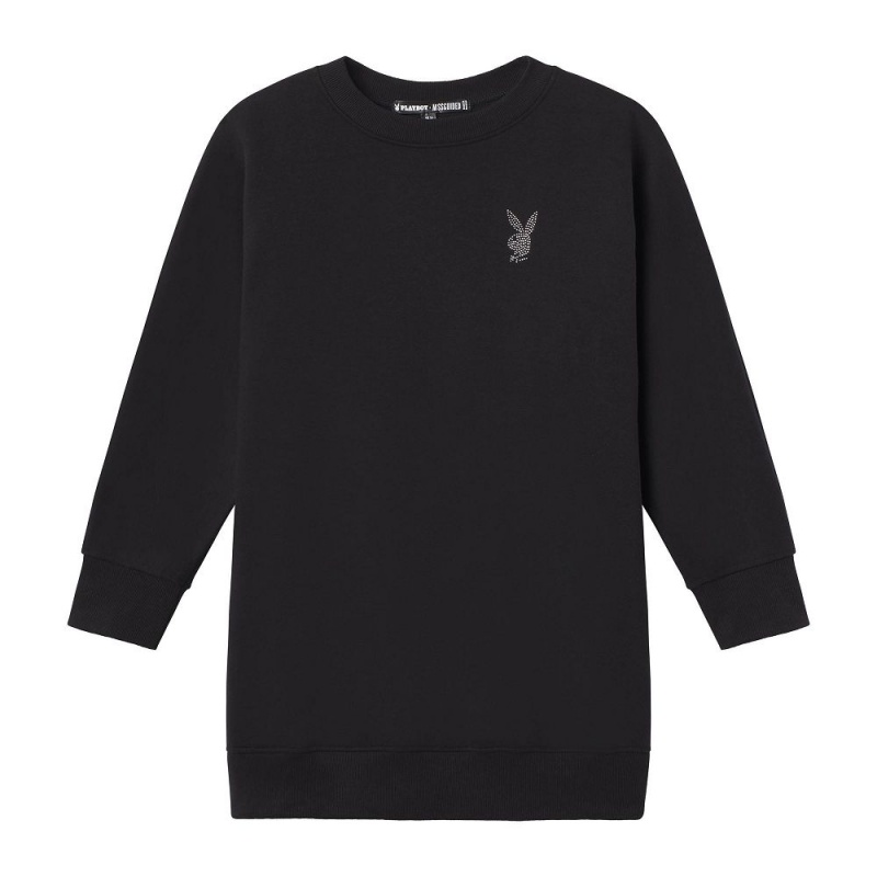 Black Women's Playboy Bright Bunny Denim Crewnecks | PLBY-592866
