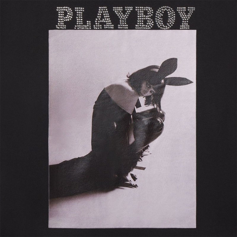 Black Women's Playboy Bright Bunny Denim Crewnecks | PLBY-592866