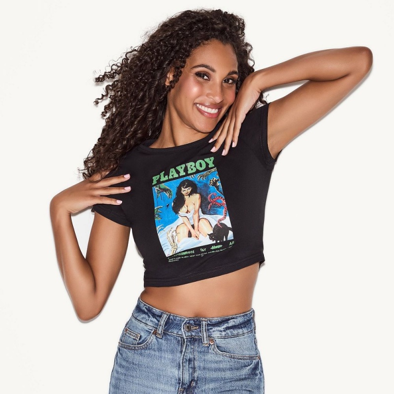 Black Women's Playboy Playmate of the Year Print T-shirts | PLBY-592879