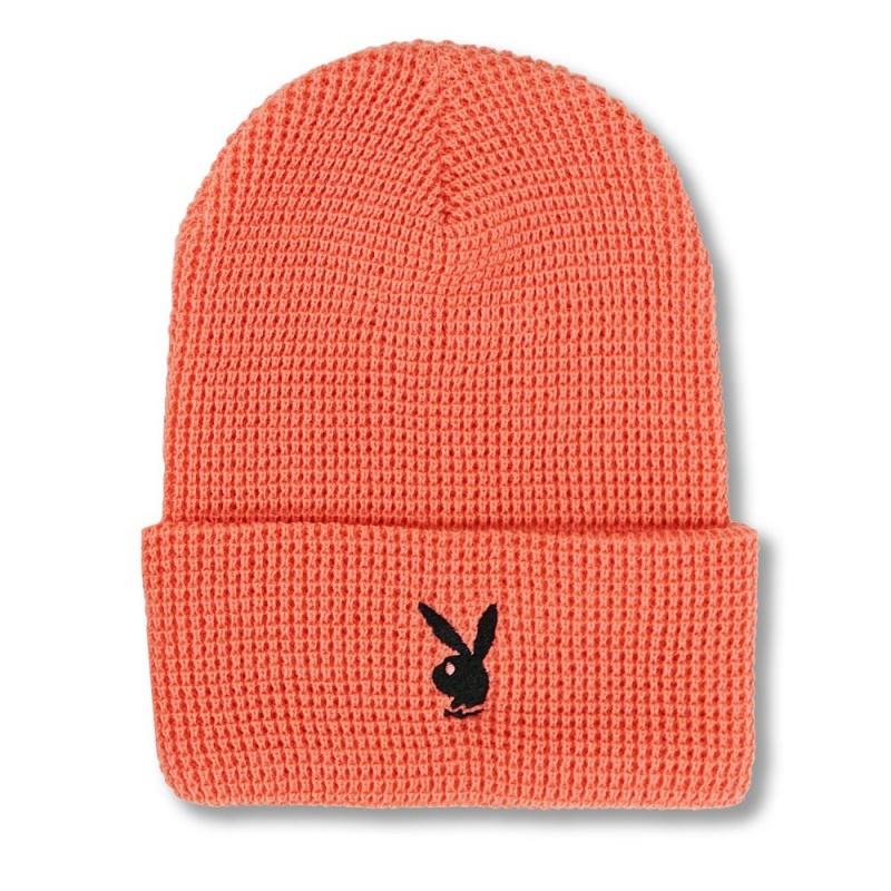 Black Women's Playboy Rabbit Head Waffle Cuffed Beanie Hats | PLBY-592631