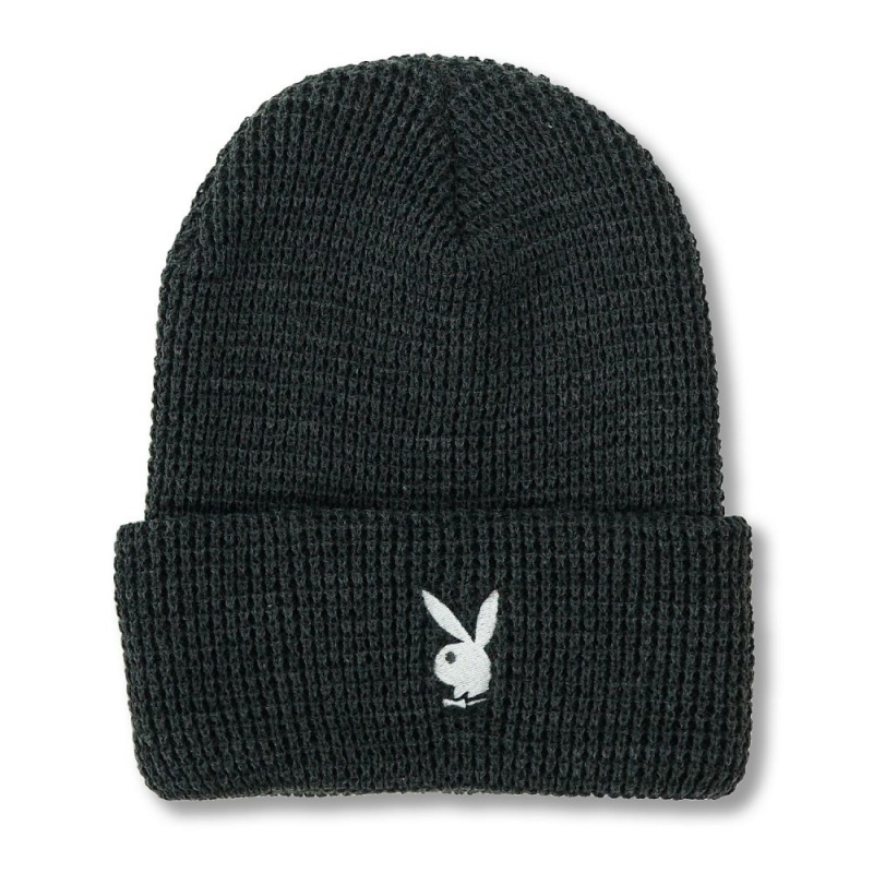 Black Women's Playboy Rabbit Head Waffle Cuffed Beanie Hats | PLBY-592631