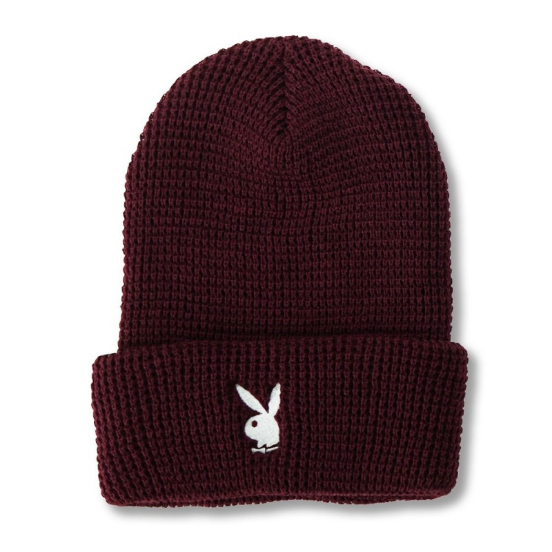 Black Women's Playboy Rabbit Head Waffle Cuffed Beanie Hats | PLBY-592631