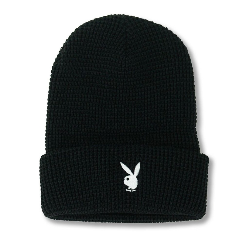 Black Women\'s Playboy Rabbit Head Waffle Cuffed Beanie Hats | PLBY-592631