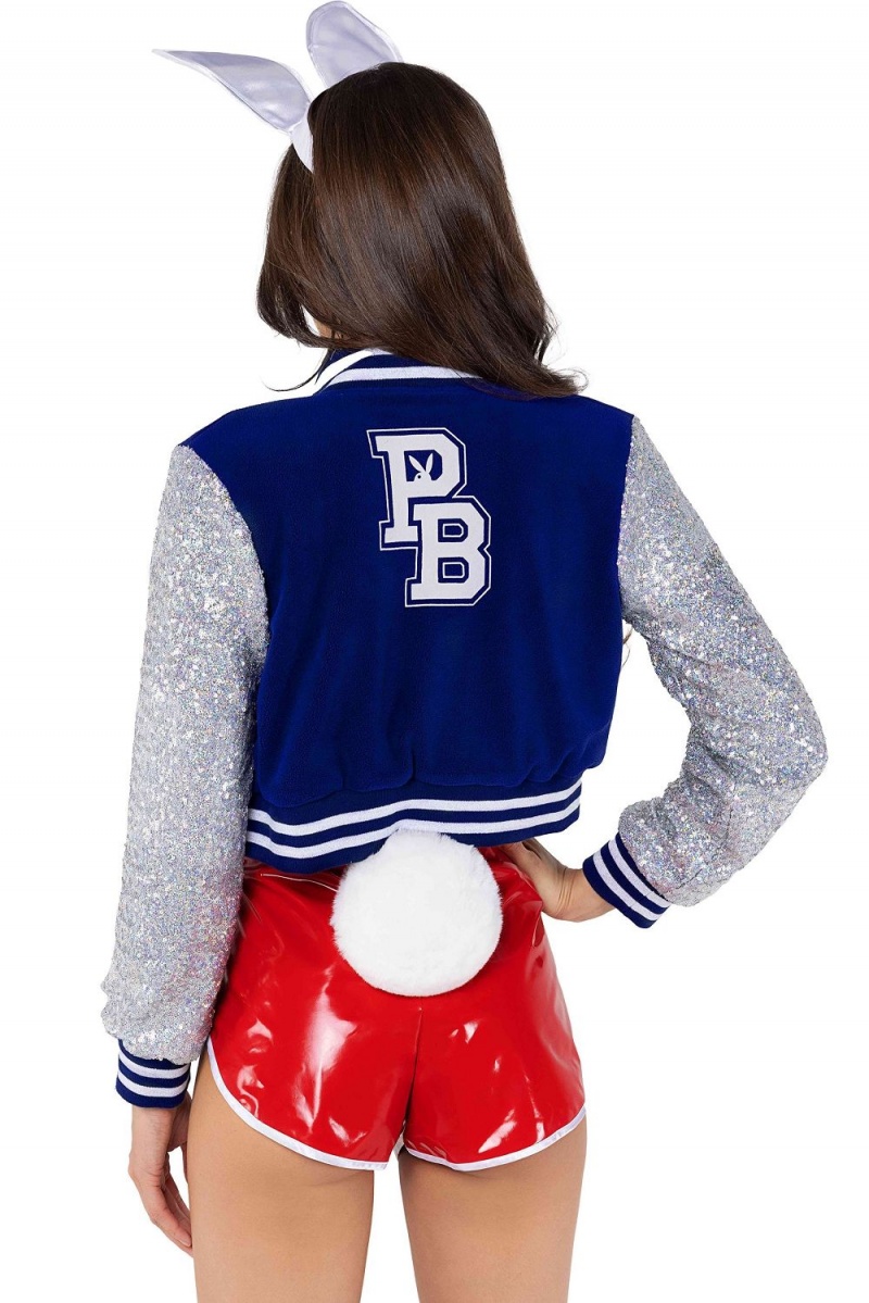 Blue/White/Red Women's Playboy Velour Underwire Cap Sleeve Costumes | PLBY-592727