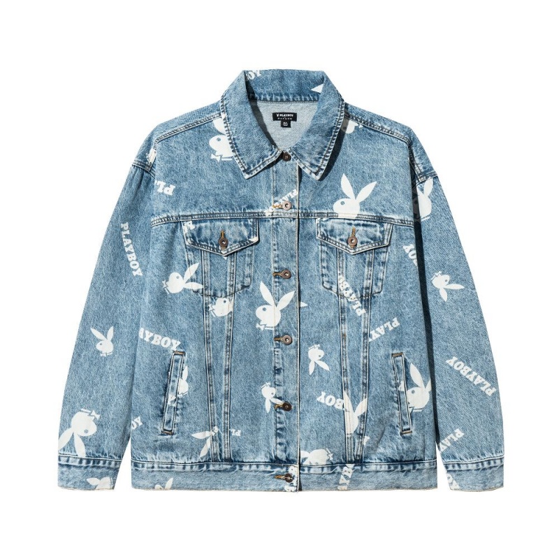 Blue Men\'s Playboy Bunny Denim Jackets | PLBY-593074