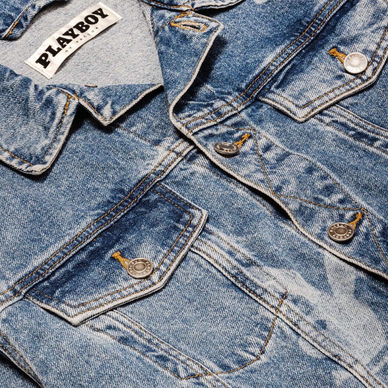 Blue Men's Playboy Repeating Logo Denim Jackets | PLBY-593105