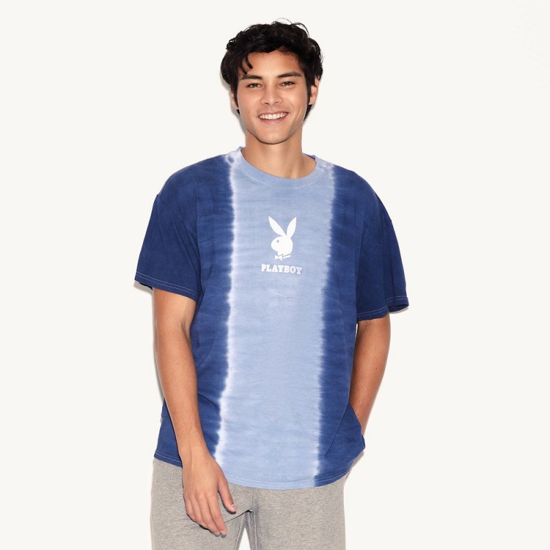 Cloudy Blue Men's Playboy Logo Vertical Tie-Dye T-shirts | PLBY-593185