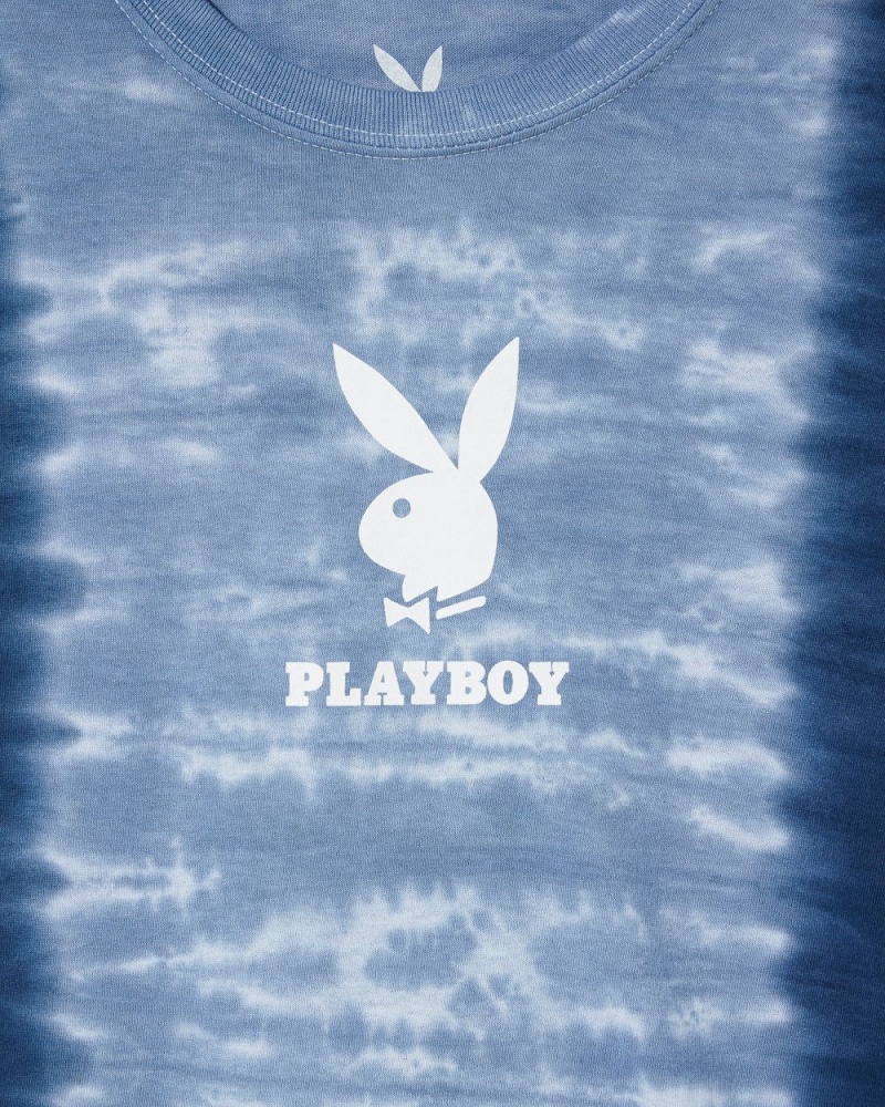 Cloudy Blue Men's Playboy Logo Vertical Tie-Dye T-shirts | PLBY-593185