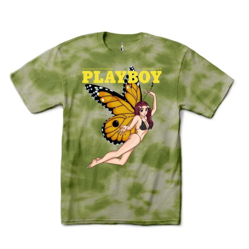 Green Men\'s Playboy Tokyo Club Butterfly Tie-Dye T-shirts | PLBY-593203