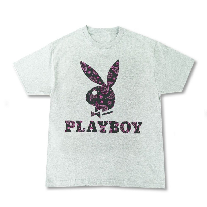 Grey Men\'s Playboy Rabbit Head Paisley T-shirts | PLBY-593131