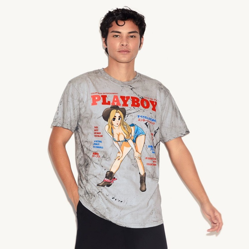 Grey Men's Playboy Tokyo Club Cowgirl Tie-Dye T-shirts | PLBY-593159
