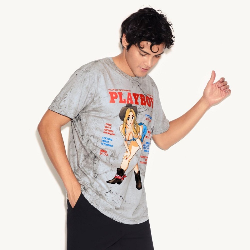 Grey Men's Playboy Tokyo Club Cowgirl Tie-Dye T-shirts | PLBY-593159