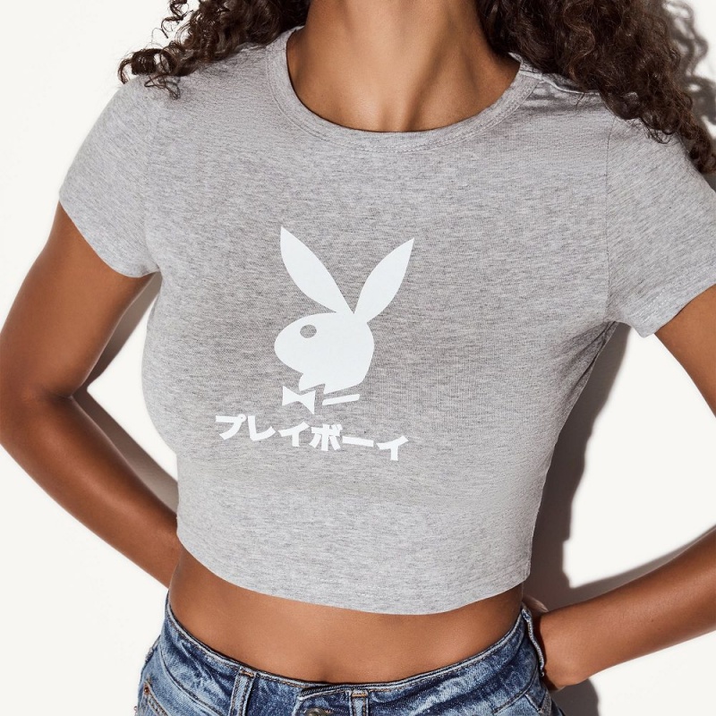 Grey Women's Playboy Doodle Crew Neck T-shirts | PLBY-592885
