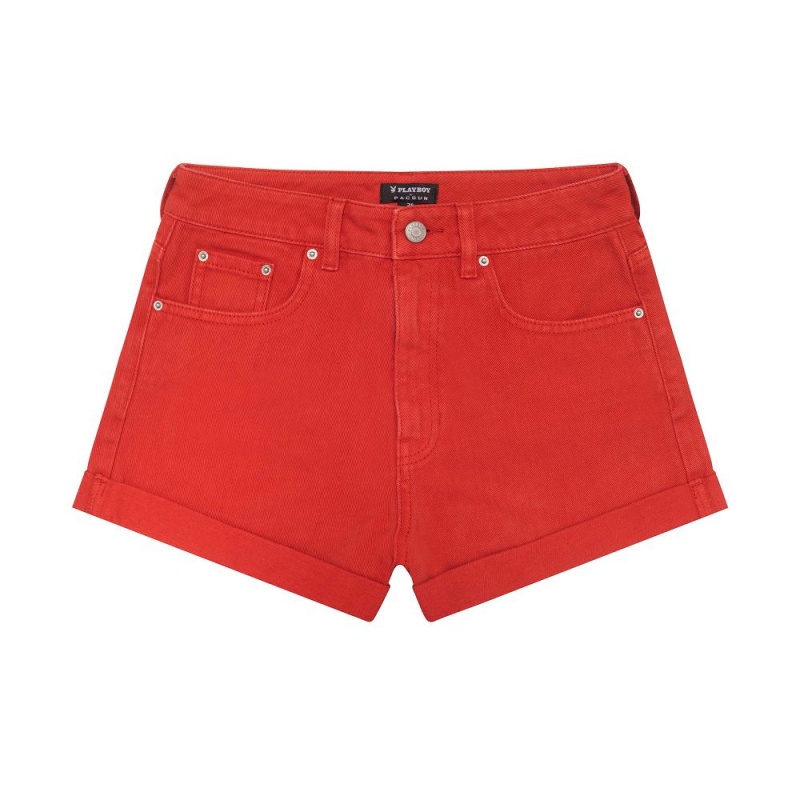 Light Blue Red Women's Playboy Houndstooth High Waisted Mini Shorts | PLBY-592803