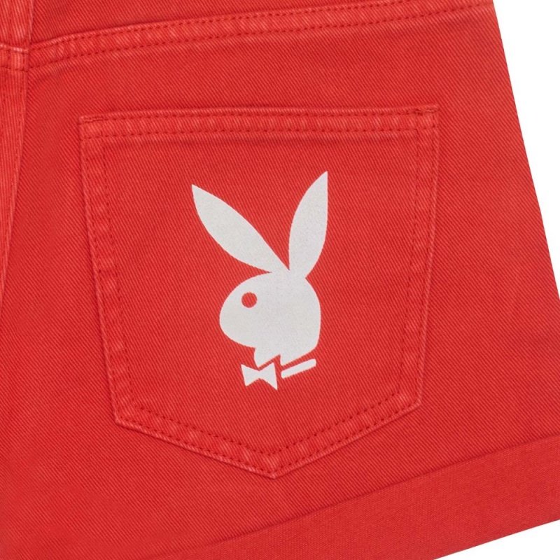 Light Blue Red Women's Playboy Houndstooth High Waisted Mini Shorts | PLBY-592803