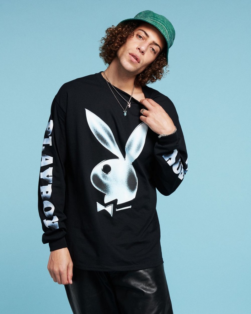 Men's Playboy Foil Rabbit Head Long Sleeve T-shirts | PLBY-593261