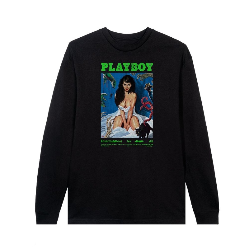 Men\'s Playboy Horror Film Masthead Long Sleeve T-shirts | PLBY-593279