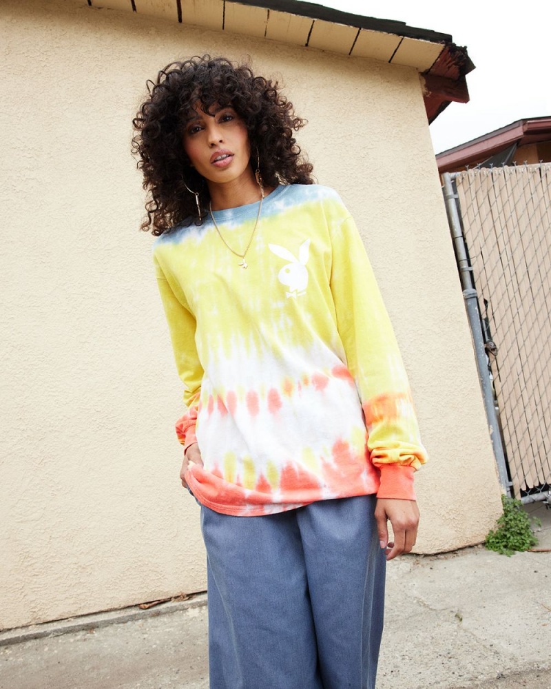 Men's Playboy Tie-Dye Logo Long Sleeve T-shirts | PLBY-593262