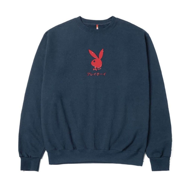 Navy Men's Playboy Ace of Diamonds Crewnecks | PLBY-593012