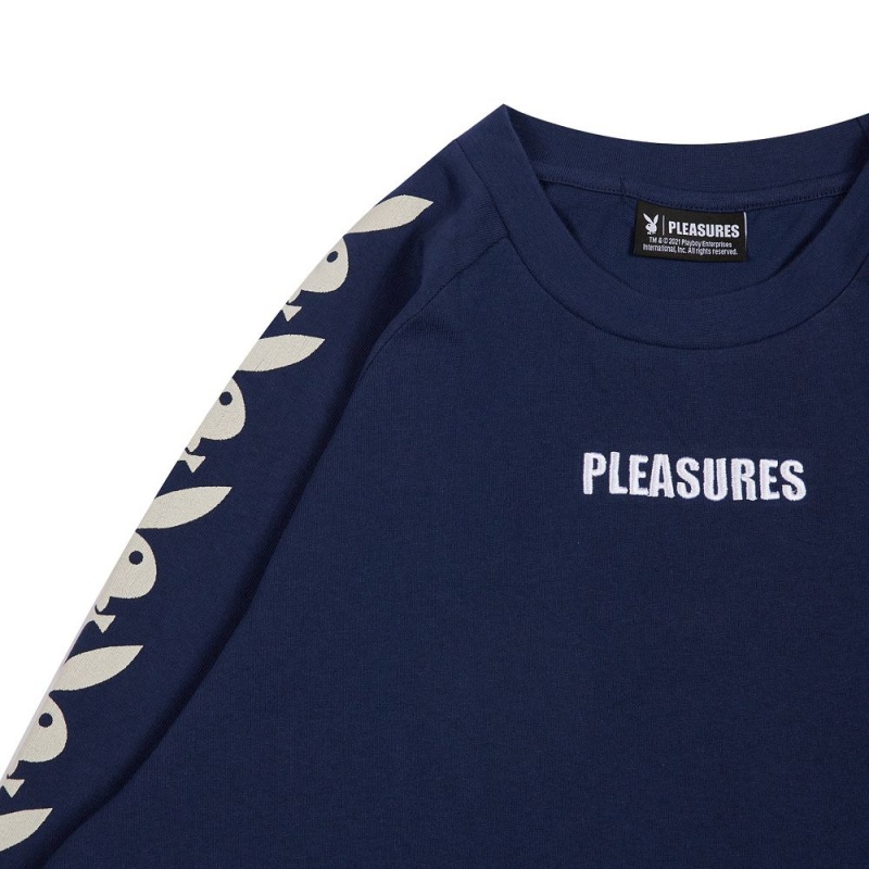 Navy Men's Playboy x Pleasures Rabbit Head Raglan Long Sleeve T-shirts | PLBY-593222