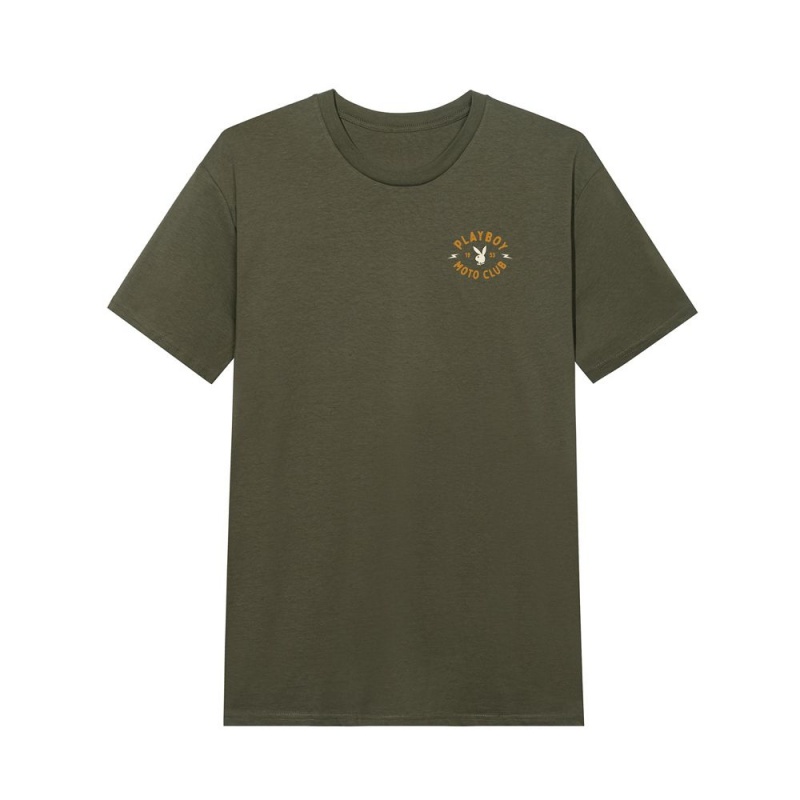 Olive Men's Playboy Moto Club T-shirts | PLBY-593247