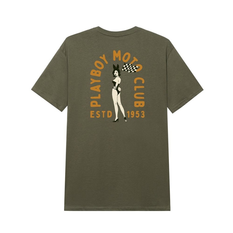 Olive Men\'s Playboy Moto Club T-shirts | PLBY-593247