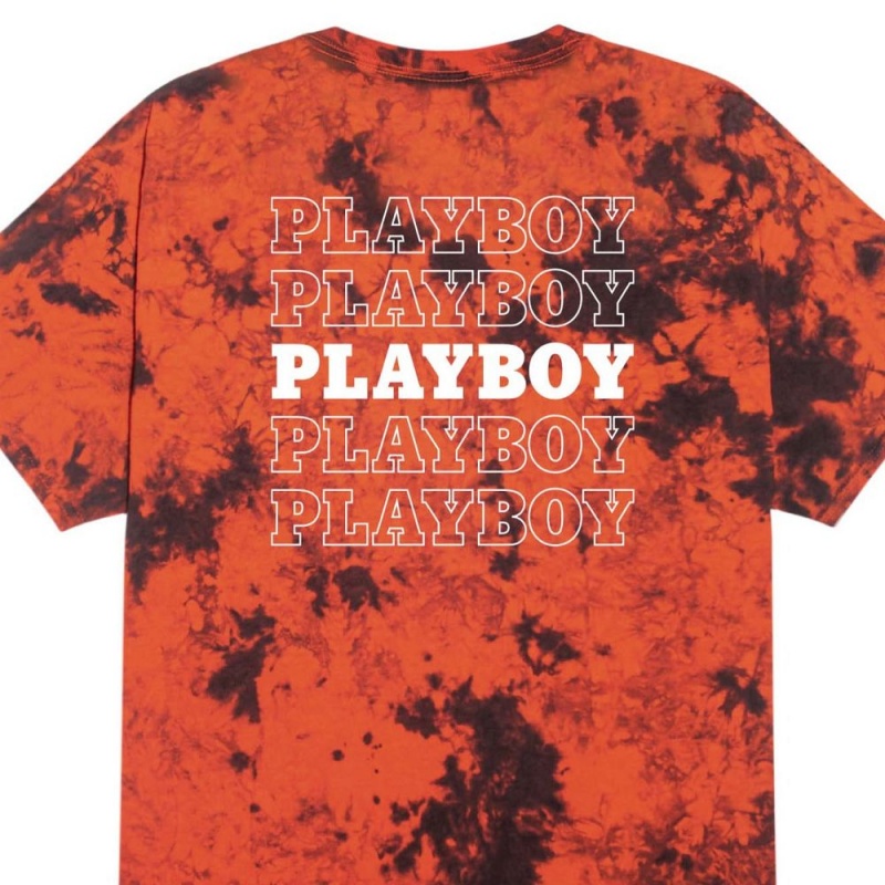 Orange Black Men's Playboy Repeating Masthead Tie Dye Orange T-shirts | PLBY-593237