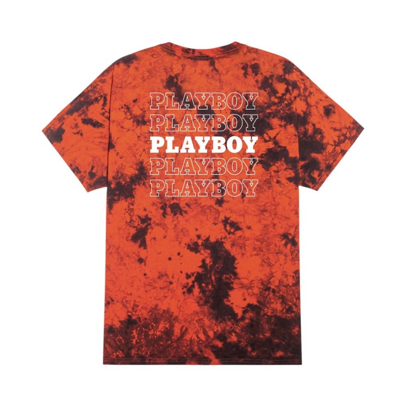 Orange Black Men\'s Playboy Repeating Masthead Tie Dye Orange T-shirts | PLBY-593237