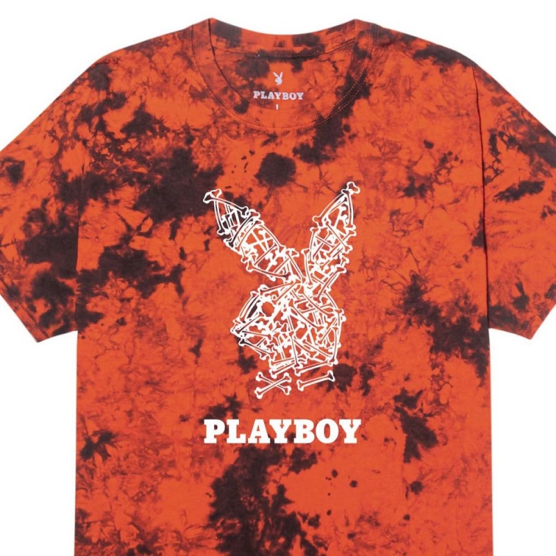 Orange Black Tie Dye Men's Playboy Skeleton Rabbit Head T-shirts | PLBY-593234
