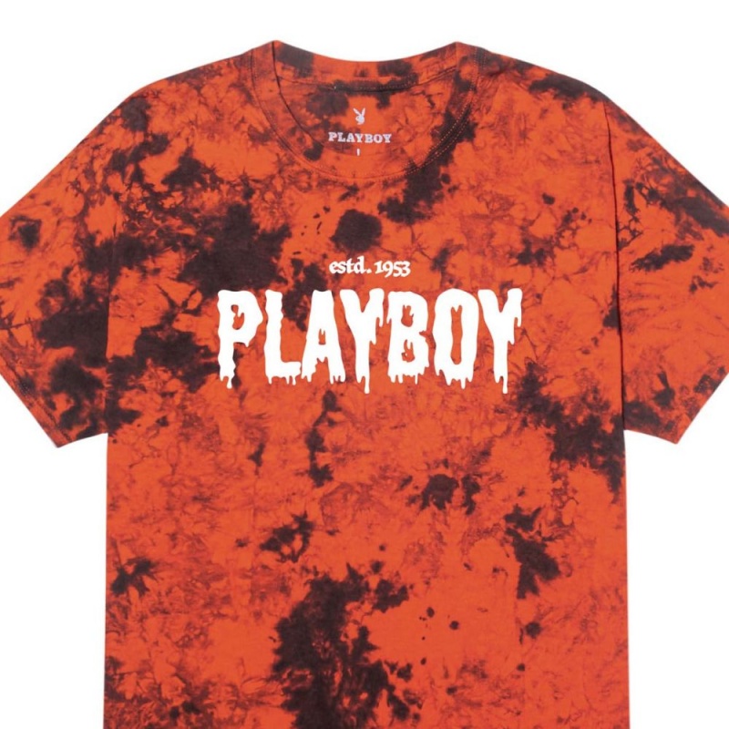 Orange Black Tie Dye Men's Playboy Slime Masthead T-shirts | PLBY-593238