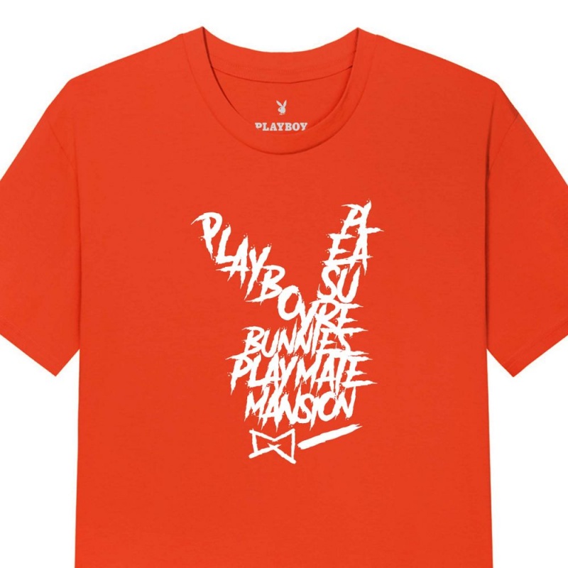 Orange Men's Playboy Graffiti Rabbit Head Orange T-shirts | PLBY-593236