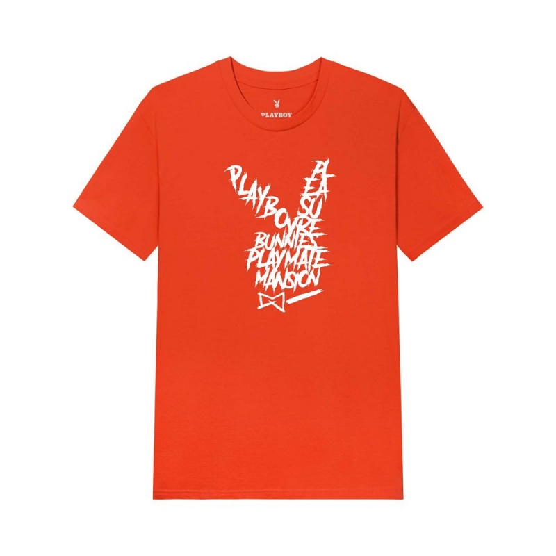 Orange Men\'s Playboy Graffiti Rabbit Head Orange T-shirts | PLBY-593236