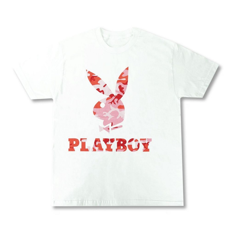 Pink Camo Men\'s Playboy Rabbit Head Camo T-shirts | PLBY-593194