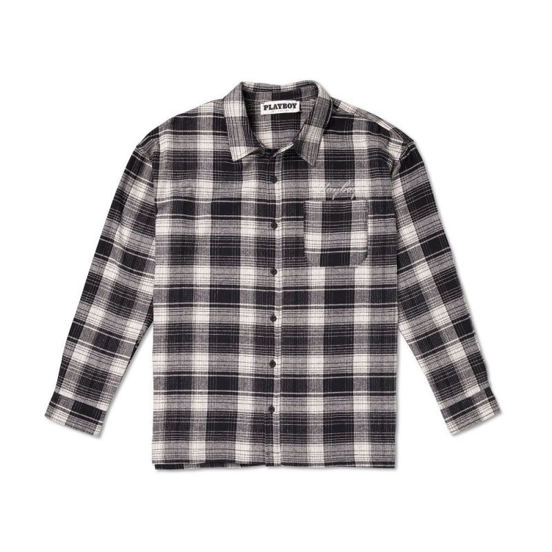Red Men's Playboy Script Flannel T-shirts | PLBY-593204