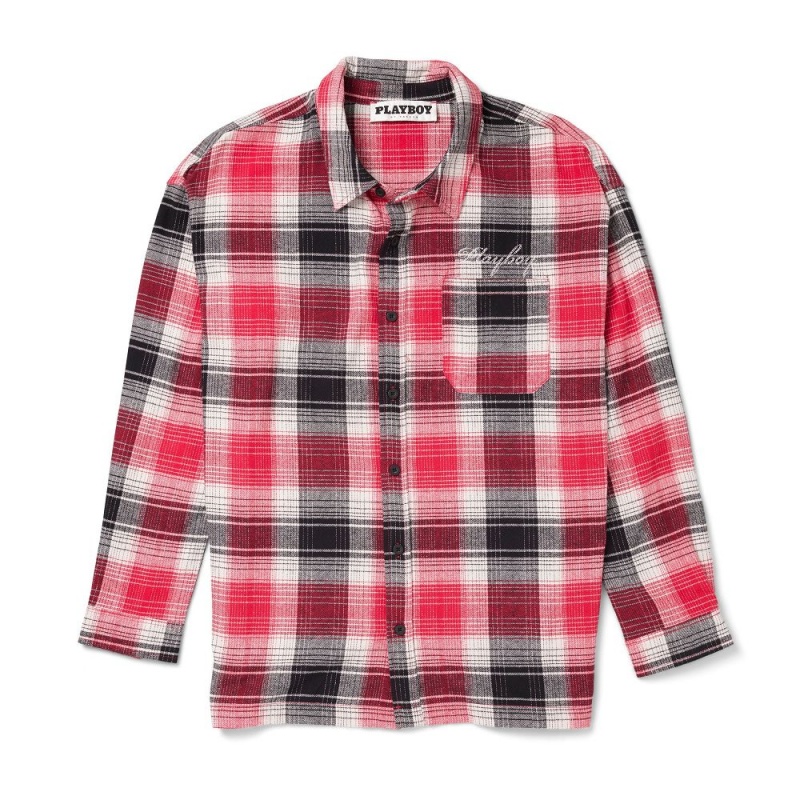 Red Men\'s Playboy Script Flannel T-shirts | PLBY-593204