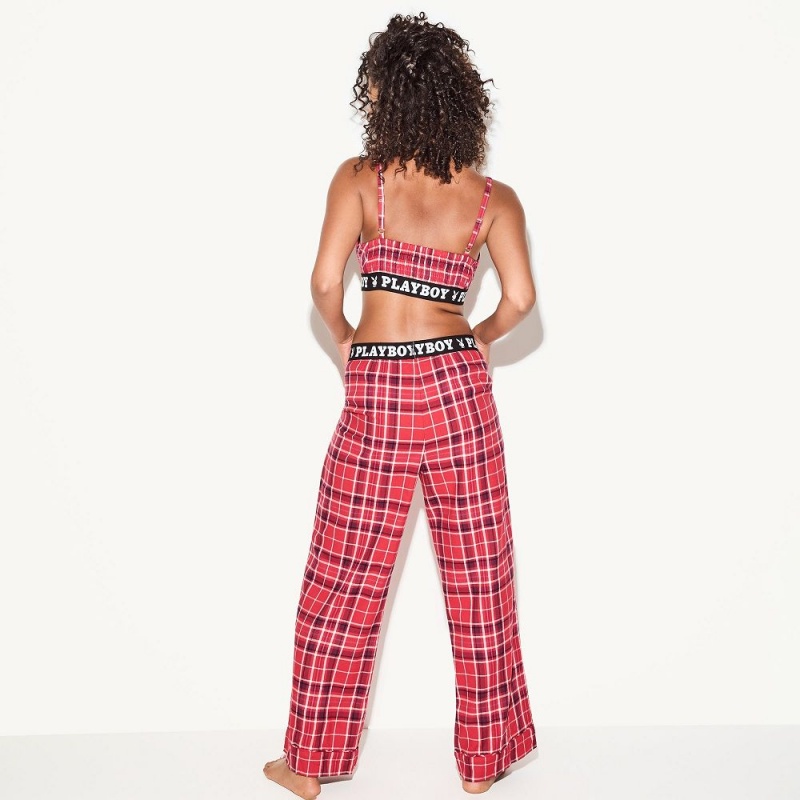 Red Plaid Women's Playboy Club Brief Joggers | PLBY-592746