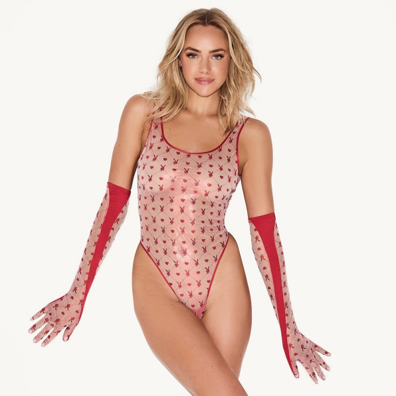 Red Women\'s Playboy Adjustable Rabbit Head Logo Tie Dye Bodysuits | PLBY-592696