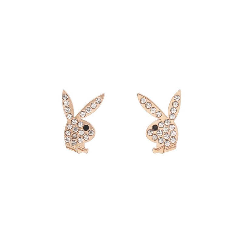 Rose Gold Women's Playboy Rabbit Head Pave Stud Earrings Jewelry | PLBY-592623