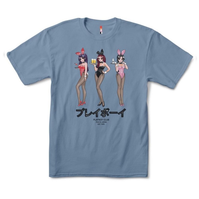Slate Blue Men\'s Playboy Tokyo Club Happy Hour T-shirts | PLBY-593142