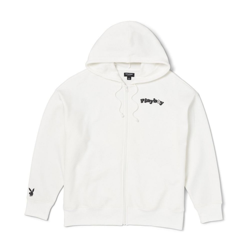 Star White Women's Playboy Velour Hoodies | PLBY-592856