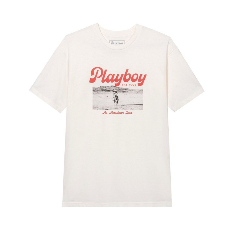 Vintage White Men\'s Playboy Desperado American Icon T-shirts | PLBY-593171